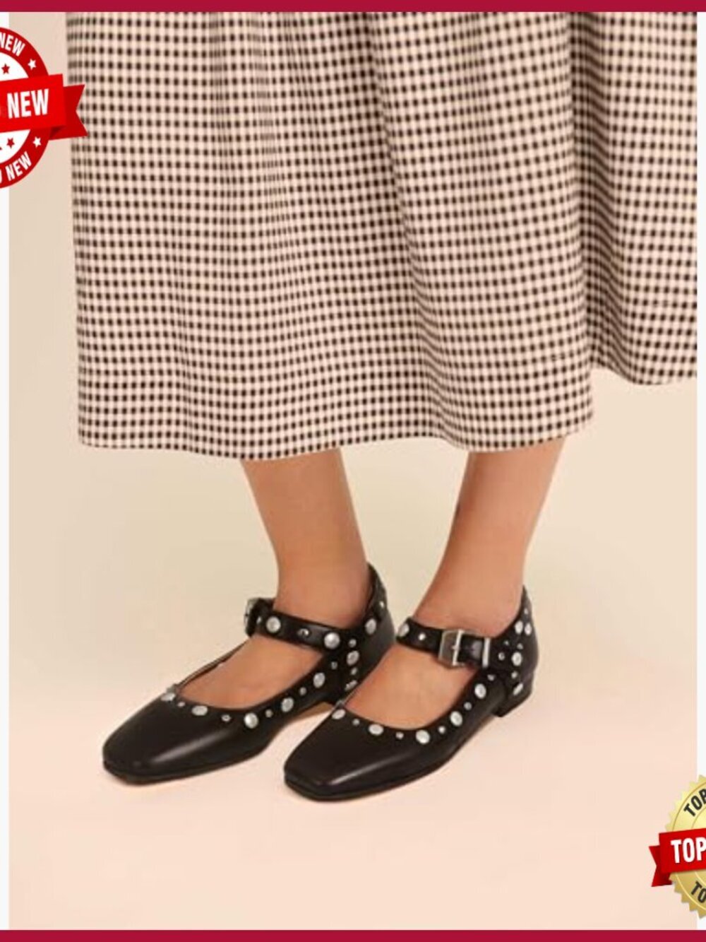 Studded Mary Jane Ballet Flats with Buckle Strap, Square Toe, Faux Leather - Picture 3 of 7
